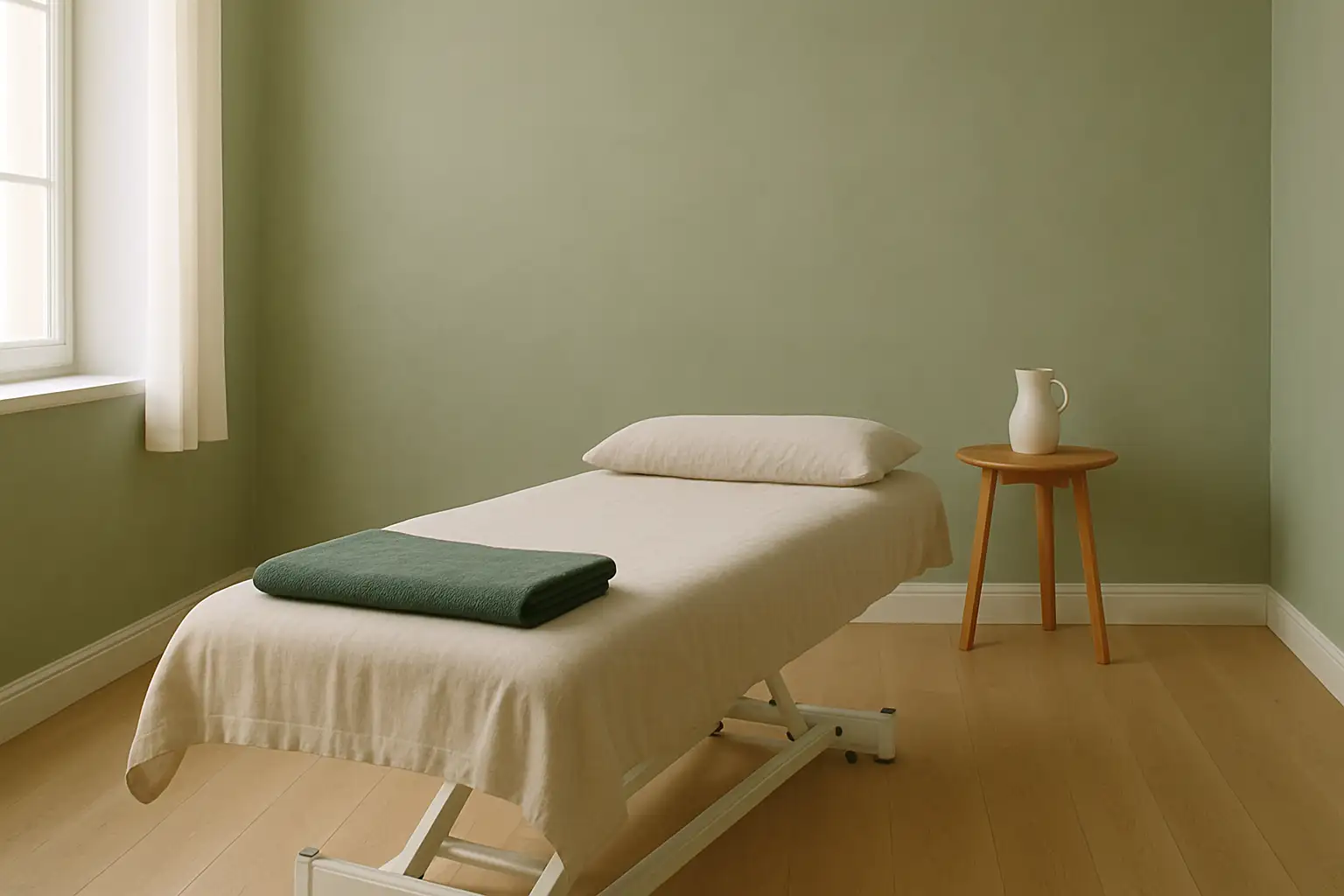 An empty osteopathy treatment room with a linen-covered plinth in soft morning light