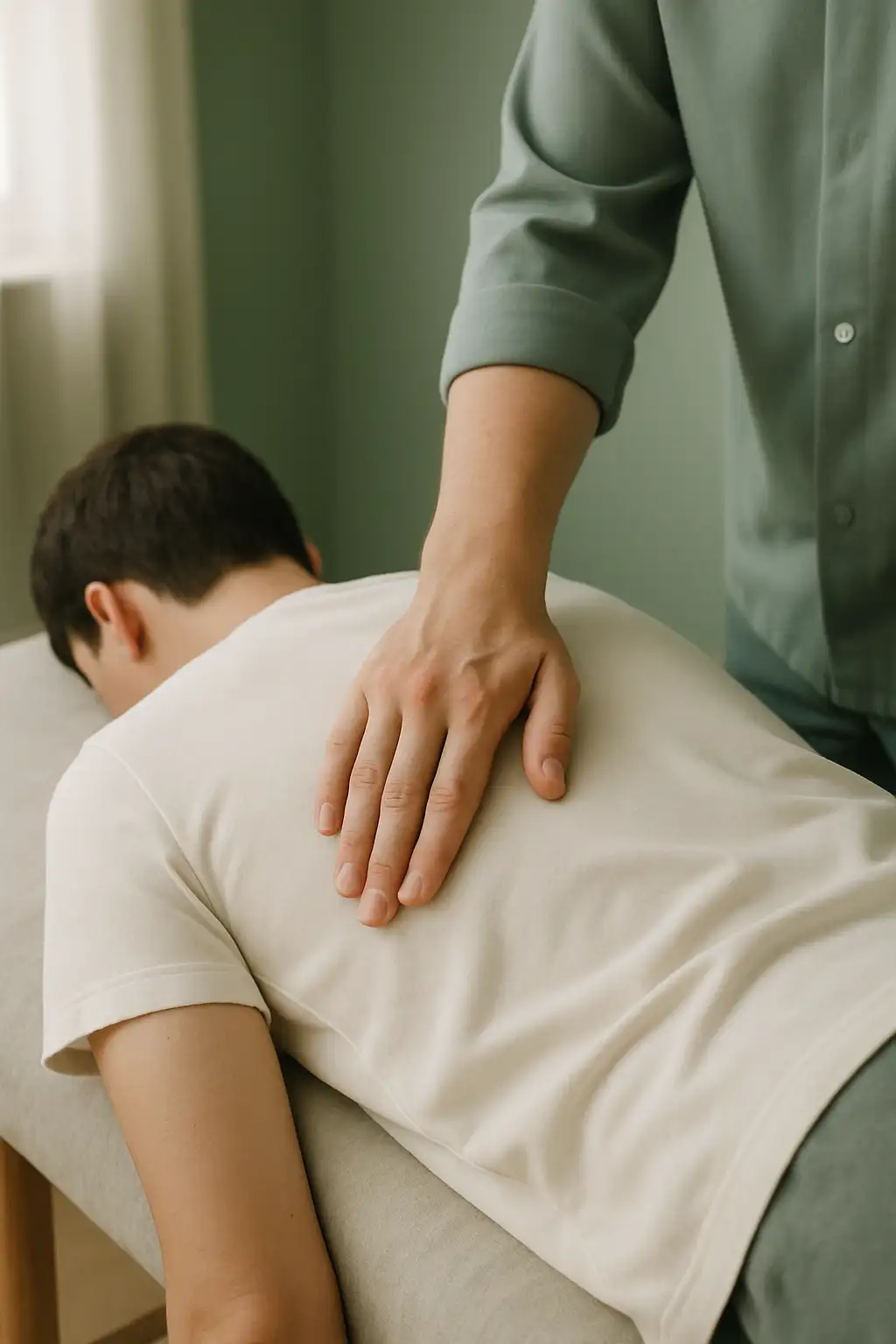 A practitioner's hand resting between the shoulder blades of a patient lying on a treatment plinth