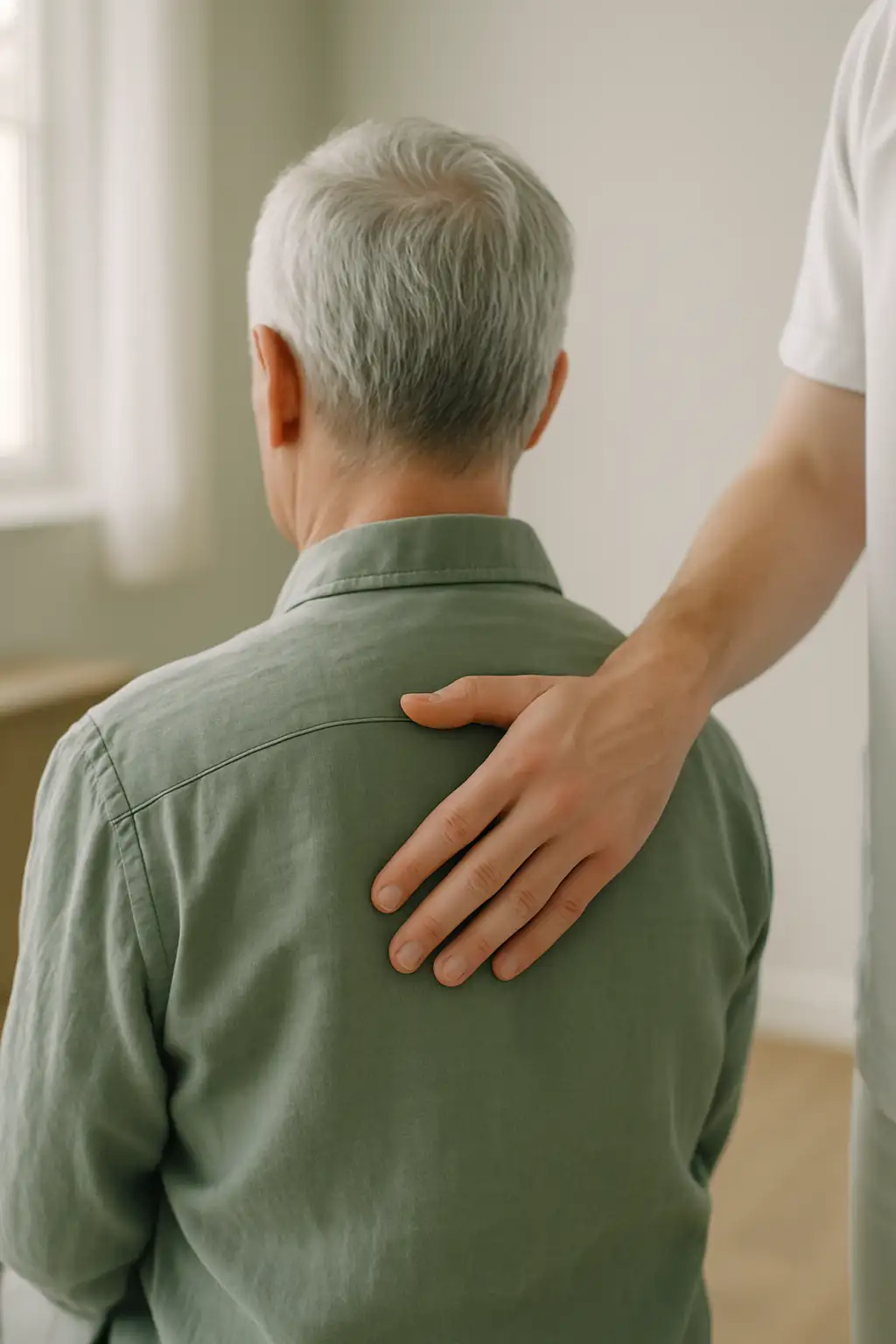 A practitioner's hand steadying an older patient's shoulder, seen from behind